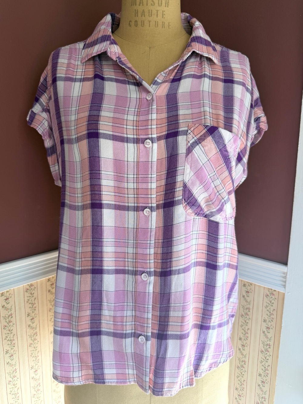 S💗 Cloth & Stone Pink Purple Plaid Short Sleeve Drop Shoulder Button Down Shirt
